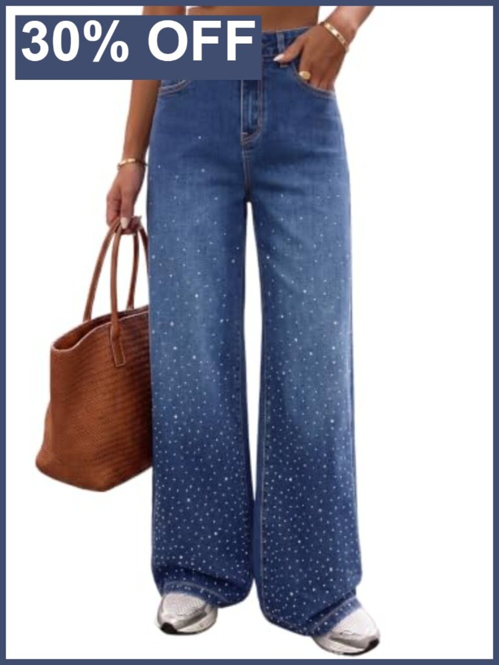 Stretchy Wide Leg Jeans with Rhinestones High Rise Denim Pants